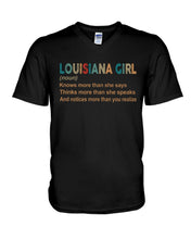 Load image into Gallery viewer, Louisiana Girl Knows More Than She Says Funny T-Shirt Guys V-Neck