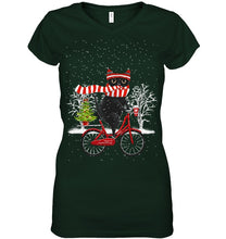 Load image into Gallery viewer, Winter Cat Riding Bicycle Christmas Gift T-Shirt Ladies V-Neck
