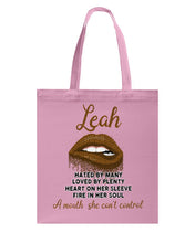 Load image into Gallery viewer, Leah A Mouth She Can't Control Quote Name T-Shirt Basketweave Tote Bag