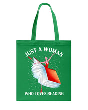 Load image into Gallery viewer, Just A Woman Loves Dancing And Reading Books Basketweave Tote Bag