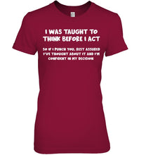 Load image into Gallery viewer, Think Before Act Black Quote Name T-Shirt Ladies Tee
