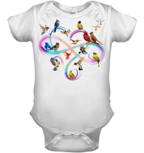 Load image into Gallery viewer, Bird Colorful Infinity Sign Baby Onesie