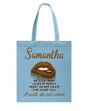 Load image into Gallery viewer, Samantha A Mouth She Can't Control Lipsquote Name T-Shirt Basketweave Tote Bag