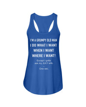 Load image into Gallery viewer, Grumpy Old Man July Wife Black Quote T-Shirt Ladies Flowy Tank