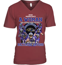 Load image into Gallery viewer, Woman Loves American Football And Baltimore Ravens Gift For Fans Guys V-Neck
