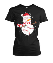 Load image into Gallery viewer, Snowman Floss Baseball Christmas Ladies Tee