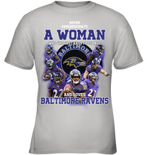 Load image into Gallery viewer, Woman Loves American Football And Baltimore Ravens Gift For Fans Youth Tee