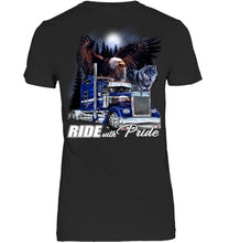 Load image into Gallery viewer, Ride With Pride Wolf Truck Black T-Shirt Ladies Tee