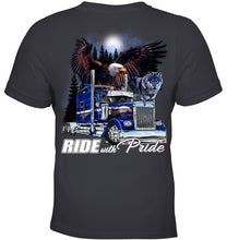 Load image into Gallery viewer, Ride With Pride Wolf Truck Black T-Shirt Youth Tee
