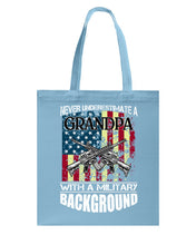 Load image into Gallery viewer, Never Underestimate A Grandpa Black T-Shirt Basketweave Tote Bag