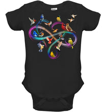 Load image into Gallery viewer, Bird Colorful Infinity Sign Baby Onesie