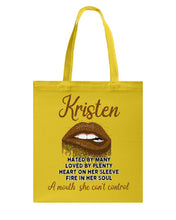 Load image into Gallery viewer, Kristen A Mouth She Can&#39;t Control Quote Name T-Shirt Basketweave Tote Bag