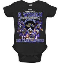 Load image into Gallery viewer, Woman Loves American Football And Baltimore Ravens Gift For Fans Baby Onesie