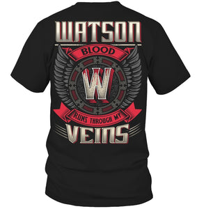 Watson Blood Runs Through Veins Black Quote Name T-Shirt Guys Tee