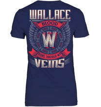 Load image into Gallery viewer, Wallace Blood Runs Through Veins Black Quote Name T-Shirt Ladies V-Neck