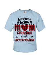 Load image into Gallery viewer, Happiness Is Being A Mom Grandma And Great Grandma Youth Tee