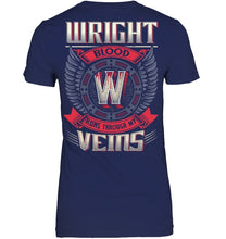 Load image into Gallery viewer, Wright Blood Runs Through Veins Black Quote Name T-Shirt Ladies V-Neck