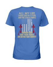 Load image into Gallery viewer, Lived By A Code Back Side T-Shirt Ladies Tee