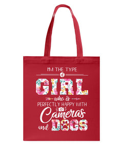 A Girl Who Is Happy With Cameras And Dogs Gift For Dog Lovers T-Shirt Basketweave Tote Bag