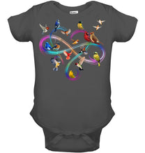 Load image into Gallery viewer, Bird Colorful Infinity Sign Baby Onesie