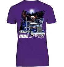 Load image into Gallery viewer, Ride With Pride Wolf Truck Black T-Shirt Ladies V-Neck