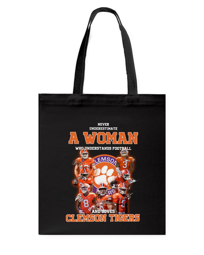 A Woman Loves Clemson Tigers Gift For Fans T-Shirt Basketweave Tote Bag