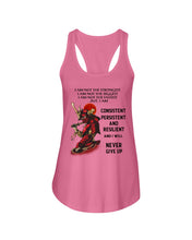 Load image into Gallery viewer, Samurai Consistent Persistent Resilient Quote T-Shirt Ladies Flowy Tank