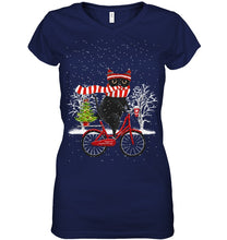 Load image into Gallery viewer, Winter Cat Riding Bicycle Christmas Gift T-Shirt Ladies V-Neck