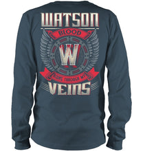 Load image into Gallery viewer, Watson Blood Runs Through Veins Black Quote Name T-Shirt Unisex Long Sleeve