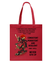 Load image into Gallery viewer, Samurai Consistent Persistent Resilient Quote T-Shirt Basketweave Tote Bag