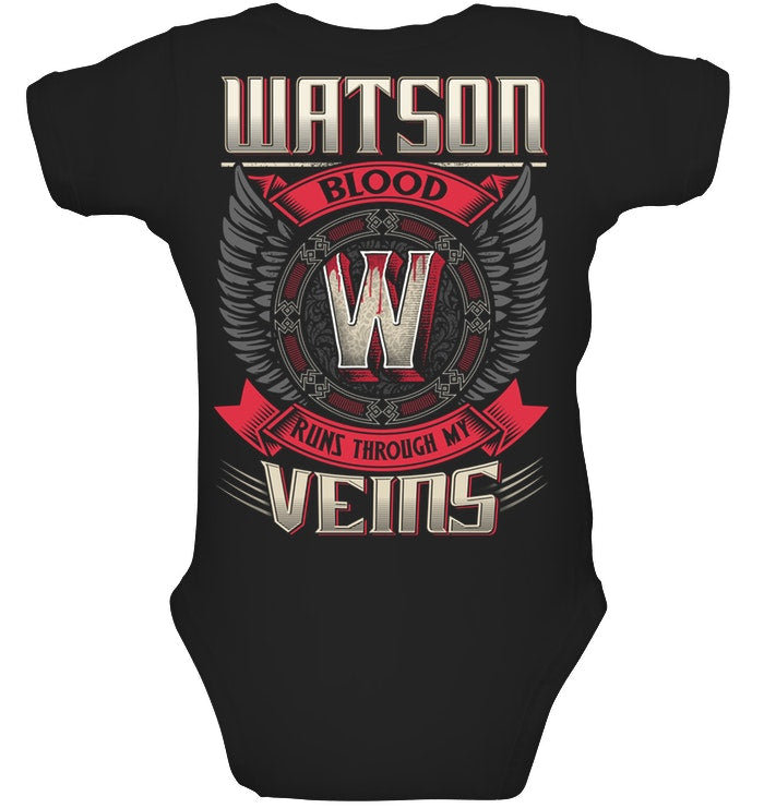 Watson Blood Runs Through Veins Black Quote Name T-Shirt Baby Onesie