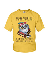 Load image into Gallery viewer, Cute Owl Read Books And Drink Coffee Funny T-Shirt Youth Tee