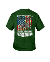 Load image into Gallery viewer, Never Underestimate A Grandpa Black T-Shirt Youth Tee