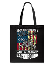 Load image into Gallery viewer, Never Underestimate A Grandpa Black T-Shirt Basketweave Tote Bag