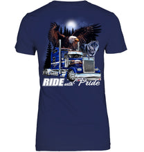 Load image into Gallery viewer, Ride With Pride Wolf Truck Black T-Shirt Ladies V-Neck