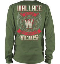 Load image into Gallery viewer, Wallace Blood Runs Through Veins Black Quote Name T-Shirt Unisex Long Sleeve