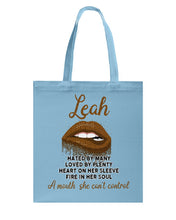 Load image into Gallery viewer, Leah A Mouth She Can't Control Quote Name T-Shirt Basketweave Tote Bag
