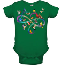 Load image into Gallery viewer, Bird Colorful Infinity Sign Baby Onesie