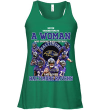 Load image into Gallery viewer, Woman Loves American Football And Baltimore Ravens Gift For Fans Ladies Flowy Tank