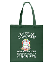 Load image into Gallery viewer, Unicorn Sarcasm Speak Wisely Funny Quote Basketweave Tote Bag