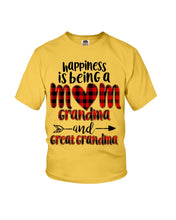 Load image into Gallery viewer, Happiness Is Being A Mom Grandma And Great Grandma Youth Tee