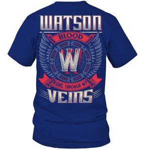 Watson Blood Runs Through Veins Black Quote Name T-Shirt Guys Tee