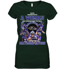 Load image into Gallery viewer, Woman Loves American Football And Baltimore Ravens Gift For Fans Ladies V-Neck