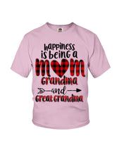 Load image into Gallery viewer, Happiness Is Being A Mom Grandma And Great Grandma Youth Tee