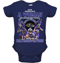 Load image into Gallery viewer, Woman Loves American Football And Baltimore Ravens Gift For Fans Baby Onesie