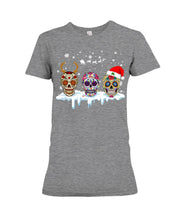 Load image into Gallery viewer, Merry Christmas Three Skulls Christmas T-Shirt Gift Ladies Tee