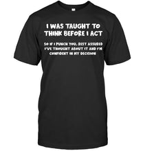 Load image into Gallery viewer, Think Before Act Black Quote Name T-Shirt Guys Tee