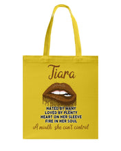 Load image into Gallery viewer, Tiara A Mouth She Can't Control Quote Name T-Shirt Basketweave Tote Bag