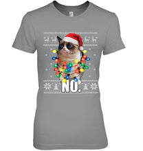 Load image into Gallery viewer, Grumpy Cat Ugly Sweater Christmas Lights Shirt Ladies Tee