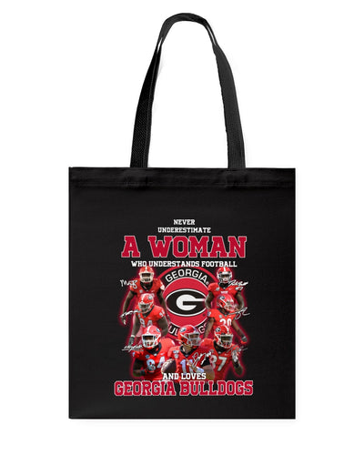 A Woman Loves Georgia Bulldogs Custom Tee Basketweave Tote Bag